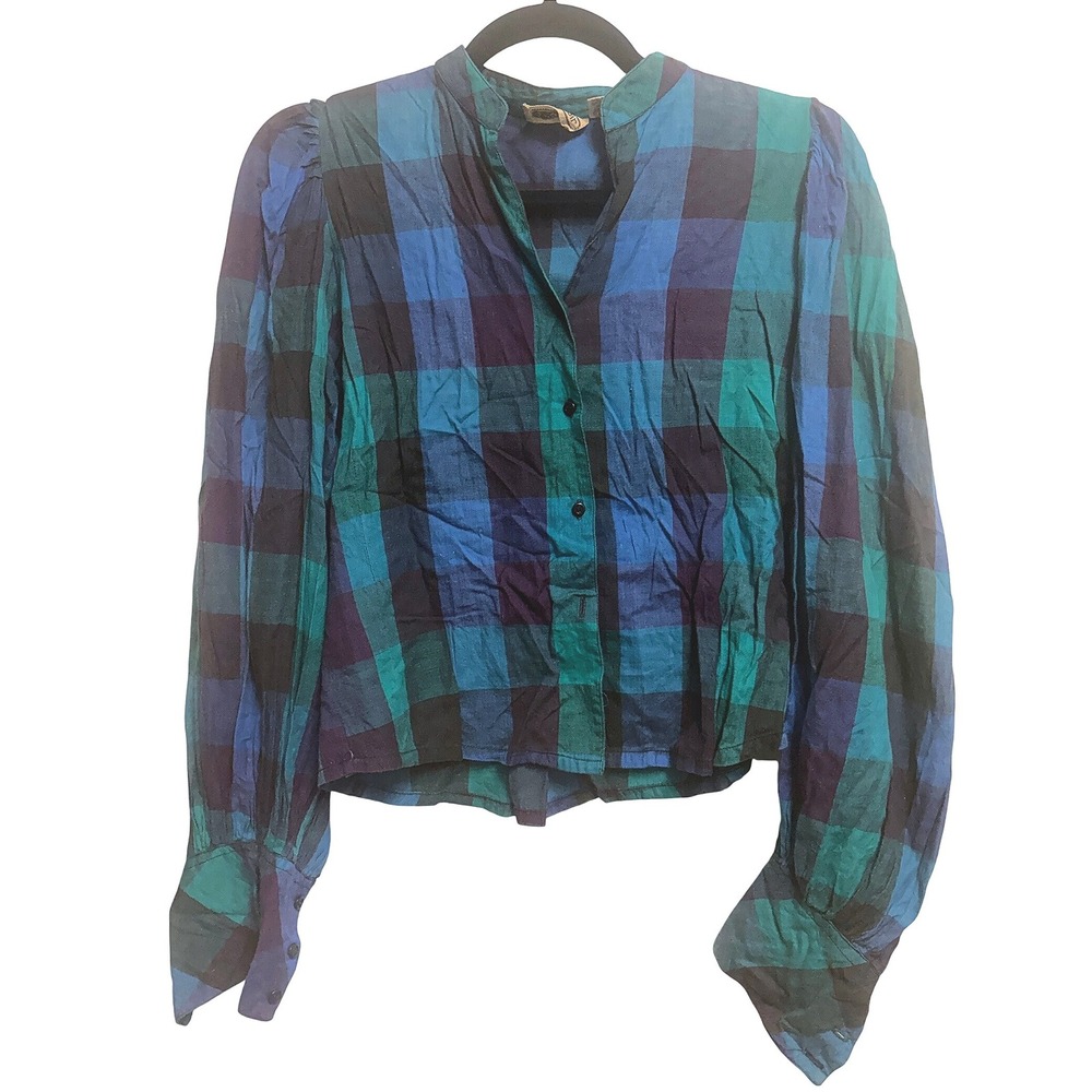 Pinot Noir Vintage Plaid Puff Sleeve Blue Green Blouse Button Front Size M